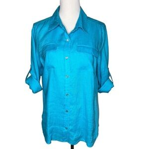 Calvin Klein Teal Blue 100% Linen Long Roll Tab Sleeve Button Up Shirt Size 1X